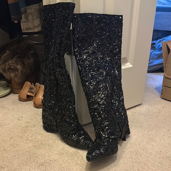 🔴 🎀 Host Pick 🎀 Black Sequin Fold over Tall Boots - Picture 6 of 7